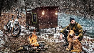 SNOWY NIGHT IN A BIKE CAMPER by a River [upl. by Bust]