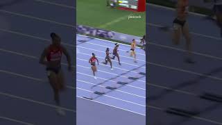 By a hundredth of a second 🤯 masairussell ParisOlympics Olympics TrackAndField Shorts [upl. by Enuj]