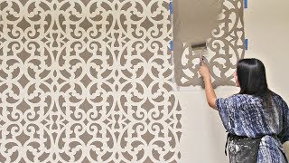 How to Stencil an Accent Wall in Only 1 Hour Painting a Wallpaper Pattern with Wall Stencils [upl. by Otsugua]