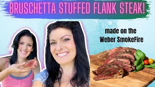 HOW TO GRILL FLANK STEAK  Bruschetta stuffed smoked flank steak  Smoked on the Weber SmokeFire [upl. by Ormsby910]