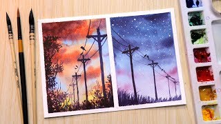 Watercolor painting for beginners sunset and evening landscape easy [upl. by Elleoj]