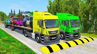 Double Flatbed Trailer Truck vs Speedbumps Train vs Cars  Tractor BeamngDrive [upl. by Naivad]