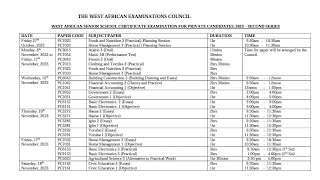 SECOND SERIES 2023 WASSCE WAEC GCENOVDEC TIMETABLE amp RUNZ EXPO FOR PRIVATE CANDIDATES [upl. by Arykahs589]