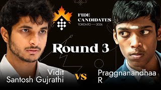 Round 3  Vidit Gujrathi  Praggnanandhaa R  FIDE Candidates 2024 [upl. by Kowalski193]