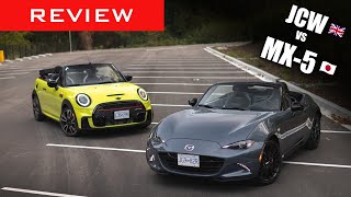 Comparison Review 2022 JCW Mini Cooper Convertible vs 2021 Mazda MX5  Drop Top Sports Cars [upl. by Korwin]