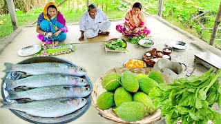 নদীর টাটকা ভাঙন মাছের ঝালপুরভরা কাকরোল আর পুঁইশাকের ঘন্ট রান্না আর জমিয়ে খাওয়া  fish curry [upl. by Jeu694]