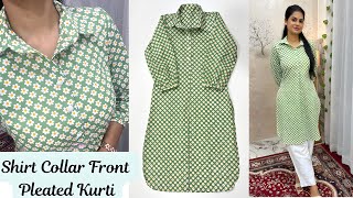 Shirt Collar Front Pleated Kurti Cutting And StitchingShirt Collar Cutting StitchingCollar Kurti [upl. by Annahtur]