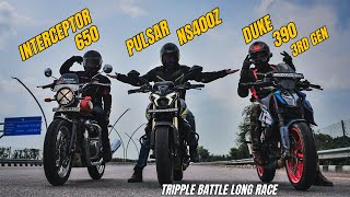 Interceptor 650 vs Bajaj pulsar ns400z vs Ktm duke 390 3rd gen Tripple Battle [upl. by Nimrahc]