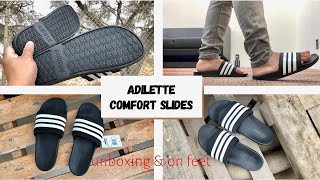 Adidas Adilette Comfort Slides  Unboxing amp On Feet  Azo Edition [upl. by Palmira]