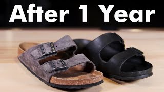 1 YEAR LATER  Birkenstock Arizona EVA amp Leather Soft Bed ComparisonReview [upl. by Ahsea]