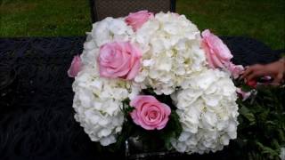 How to make a simple flower arrangement with Hydrangeas Roseland roses and variegated Pitt [upl. by Jareb]