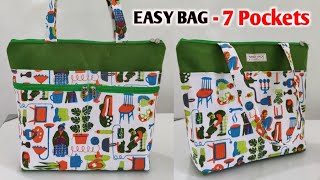 EASY TOTE BAG  7 POCKETS  Beautiful Tote bag with zipper pockets  how to make clothes bag at home [upl. by Otsirave]