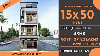 15x50 House Design 3D  750 Sqft  83 Gaj  4 BHK  Modern Design  Terrace Garden  4x15 Meters [upl. by Yboj]