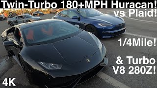 150MPH Tesla Plaid 14Mile vs Turbo V8 Datsun 280Z and TwinTurbo Lamborghini Huracan 4K UHD [upl. by Patrizius]