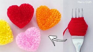 Super Easy Pom Pom Heart Making Idea with Fork  Amazing Valentines Day Crafts  How to Make Heart [upl. by Ahsekyw]