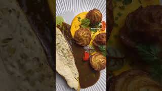 Chicken ballotine with green olive carrot mousseline and dauphine potatoes food cooking recipe [upl. by Clotilde]