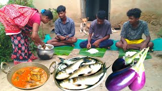 SMALL FISH curry with BRINJAL cooking in traditional method by tribe family l Village life [upl. by Afrikah122]