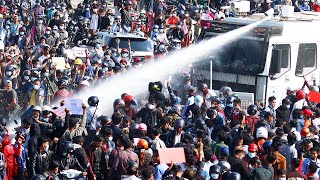 Myanmar Police use water cannon against protesters in Naypyidaw [upl. by Misak]