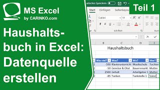 Haushaltsbuch in MS Excel Teil 1 Datenquelle erstellen  carinkocom [upl. by Niwled911]