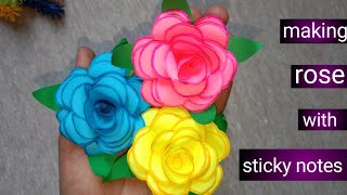 how to make beautiful rose flower with sticky notes handmade craft [upl. by Enitram]