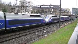 4 trains qui klaxonnent1 TGV Lyria POS 44178 trains ter7 trains TGV à Lyon le 050413 [upl. by Eisned]