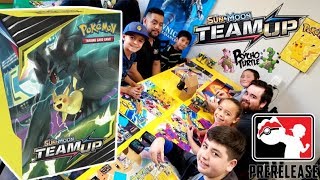 NEW POKEMON CARDS TEAM UP PRERELEASE LAUNCH PARTY AT PSYCHO TURTLE OPENING A BUILD amp BATTLE BOX [upl. by Dinah]