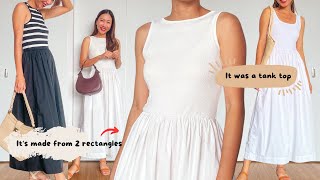 DIY TANK DRESS from a tank top and 2 rectangles  Super easy amp beginner friendly sewing project [upl. by Harlow]