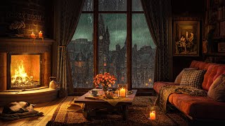 A Rainy Day in Cozy Room Ambience 🔥 Piano Jazz Music Crackling Fire Rain Sounds for Sleep amp Focus [upl. by Vachil]