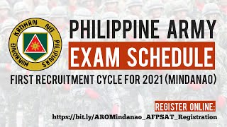 PHILIPPINE ARMY AFPSAT SCHEDULE 2021  ARMY RECRUITMENT OFFICE ARO MINDANAO [upl. by Aoh]