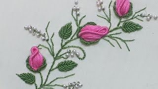 Hand embroidery hand embroidery border design Rose buds Embroidery  Brazilian embroidery [upl. by Wolfort]