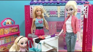 Shopping Elsa and Anna shop at Barbies Mall Dress Up Cinema Candy Toy Hunt [upl. by Tripp231]