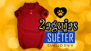 ¡Lindo Jersey ó suéter en cuello V en dos agujas para perritos [upl. by Harimas289]