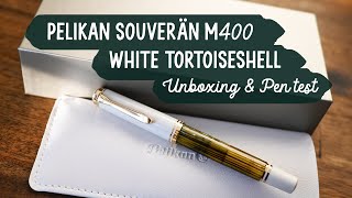 Pelikan Souveran M400 White Tortoiseshell Unboxing  Fountain Pen Size Comparison  Ink and Pen Test [upl. by Reham539]