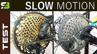 Shimano XTR  XT vs Sram XX1 Eagle  Shifting Performance In Slow Motion [upl. by Sukramal]