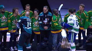 Cast of The Mighty Ducks drop ceremonial puck in Anaheim [upl. by Nirrej]