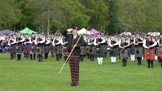 Highland Laddie as massed bands salute Chieftain at 2024 North of Scotland Pipe Band Championship [upl. by Hanshaw]