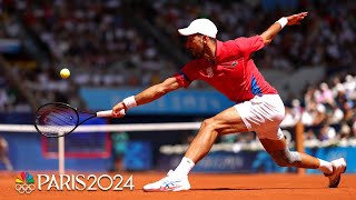 Novak Djokovic glides to drop shot as final against Carlos Alcaraz heats up  Paris Olympics [upl. by Anelav894]