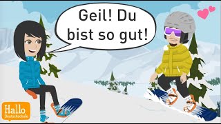 Deutsch lernen mit Dialogen  Sofia verliebt sich beim Skifahren  Grammatik Konjunktiv 2 [upl. by Pazice457]