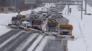 SNOW REMOVAL SIX SNOW PLOW CONVOY Bridge view [upl. by Adnorahc]