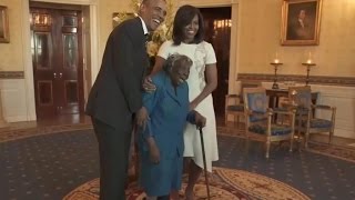 Watch 106yearold womans priceless reaction to meeting the Obamas [upl. by Aidne]