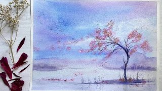 Paint Morgaines Loose Watercolor CHERRY BLOSSOM SUNSET Watercolour Landscape Painting Tutorial [upl. by Lemraj]