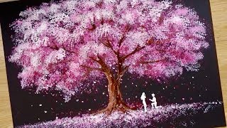 Bath Sponge amp Qtips painting technique  How to draw Romantic Couple beside tree [upl. by Haidadej]