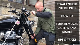 UK  Royal Enfield Interceptor 650  How to fit fork gaiters suspension and wheel removal  English [upl. by Elleryt]