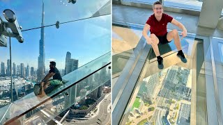 Sky Views Observatory Dubai  Riding The SCARY Glass Slide [upl. by Arden]