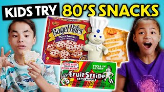 Kids Try 80s Snacks For The First Time Bagel Bites Fruit Stripe Lunchables PushPop [upl. by Swanson]