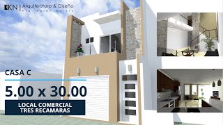 Casa 5x30  Casa angosta moderna  fachada de casa con local comercial  sala doble altura [upl. by Crisey]