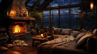 Rain amp Thunderstorm with Lightning Crackling Fireplace Cats and Dog  Cozy Ambience to Relax [upl. by Enirok]