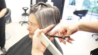 ANTI AGE HAIRCUT OVER 70  SHORT BOB UNDERCUT PIXIE GREY HAIR TRANSFORMATION [upl. by Cleopatre]