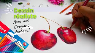 DESSIN RÉALISTE DE CERISES AUX CRAYONS DE COULEUR ÉCOLIERS [upl. by Ernesta464]