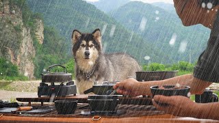 ☔ Dangerous Camping in Heavy Rain 🐕 Overnight with a dog in a truck docking tent  DEFENDER 130 [upl. by Kearney202]